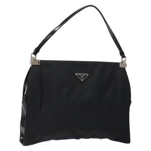 PRADA Shoulder Bag Nylon Enamel Black Silver Auth